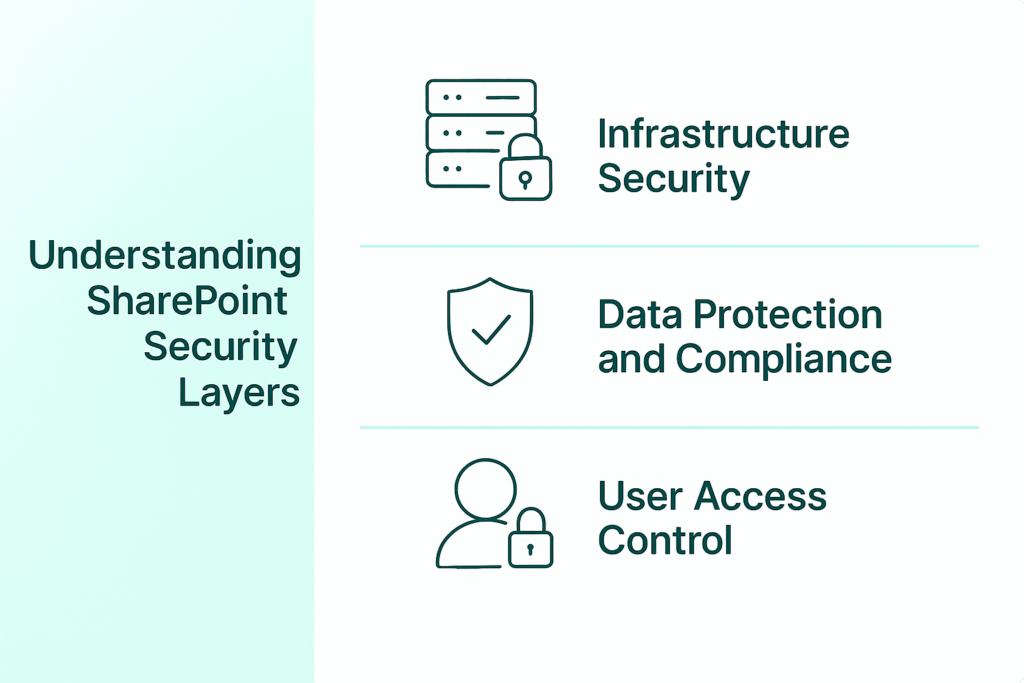 Infographic titled Understanding SharePoint Security Layers listing Infrastructure Security, Data Protection and Compliance, and User Access Control with icons