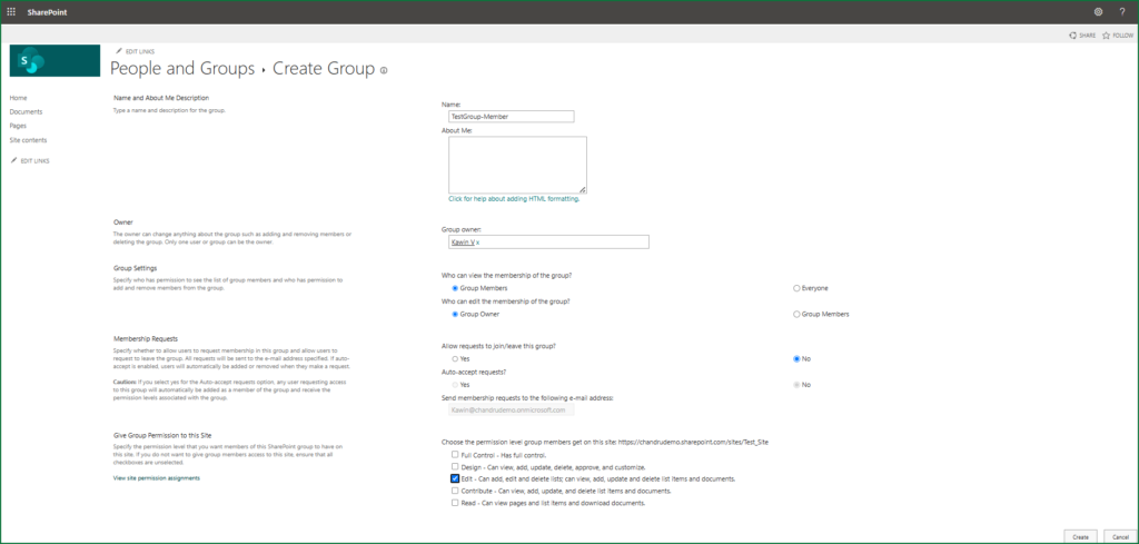 Screenshot of a SharePoint Create Group page for a group named TestGroup-Member, showing group owner, membership settings, and permission level checkboxes with Edit selected