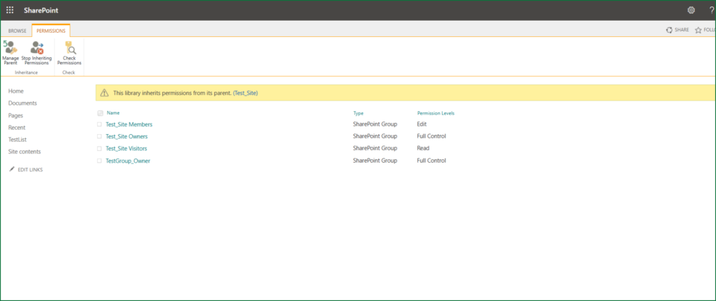 Screenshot of a SharePoint document library Permissions page showing it inherits permissions from its parent site, listing groups and their permission levels