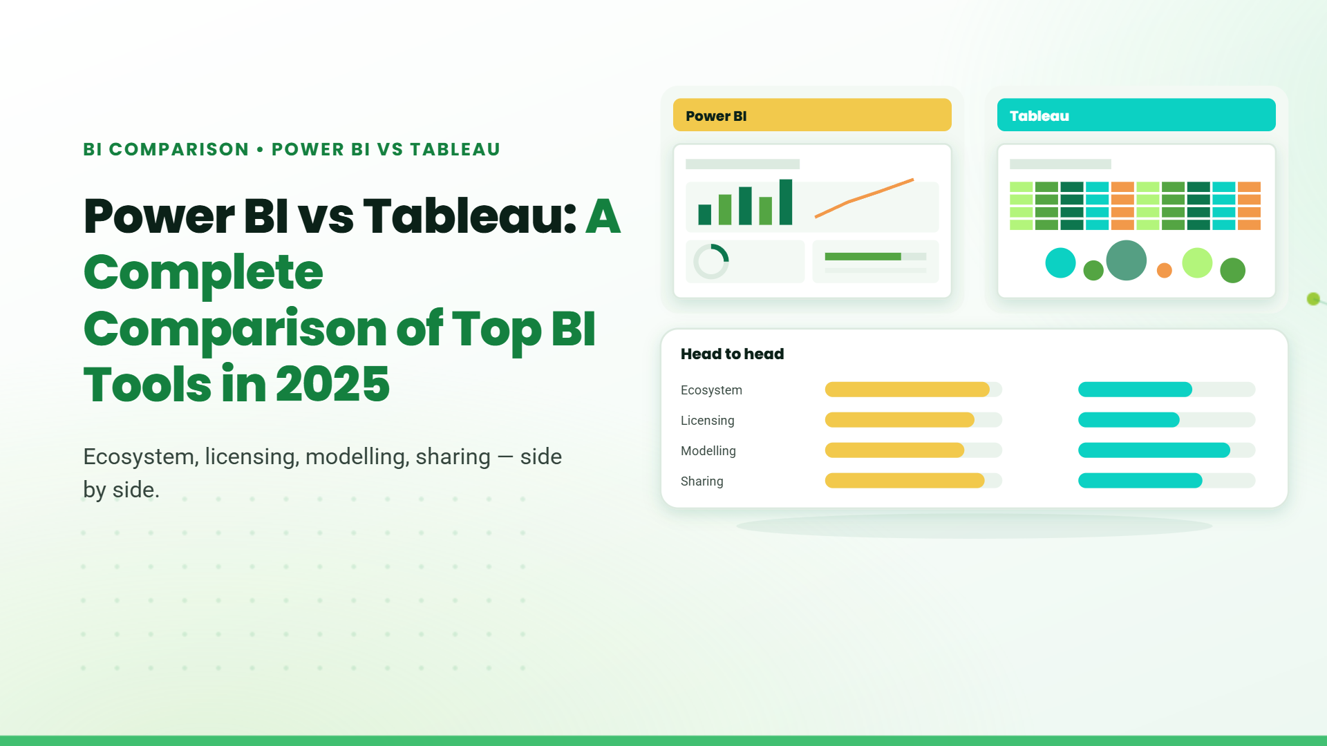 Blog banner titled "Power BI vs Tableau: A Complete Comparison of Top BI Tools in 2025" with mock dashboards for each tool and a head-to-head feature comparison