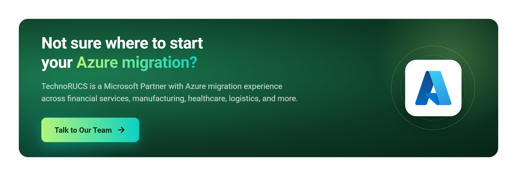 Call-to-action banner reading "Not sure where to start your Azure migration?" with a "Talk to Our Team" button and the Microsoft Azure logo