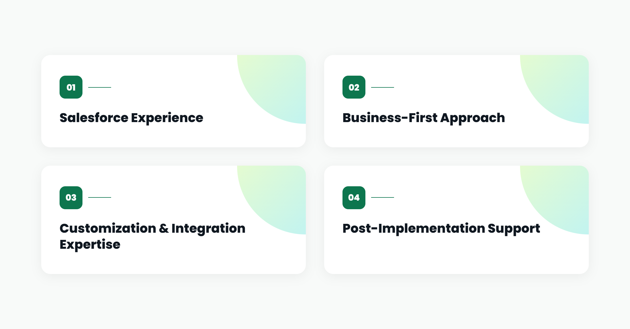 Infographic listing four reasons to choose the company: Salesforce Experience, Business-First Approach, Customization and Integration Expertise, and Post-Implementation Support
