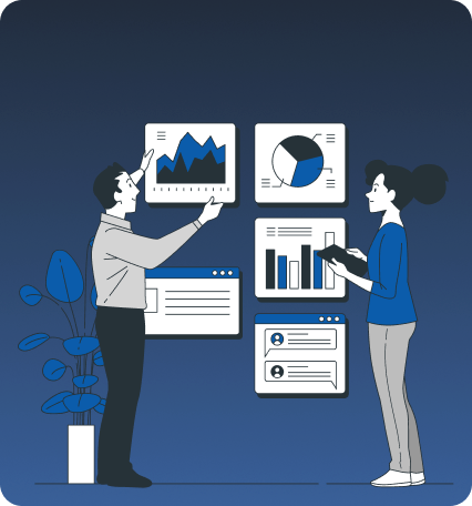 Illustration of a man and woman reviewing dashboard charts, graphs, and a contact list on floating screens