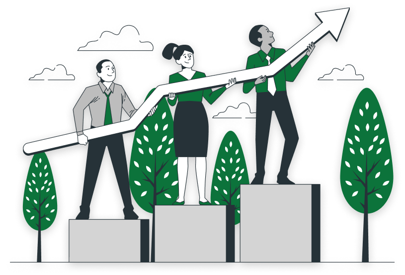Illustration of three business people standing on podiums holding a large upward arrow, surrounded by trees, symbolizing growth and teamwork
