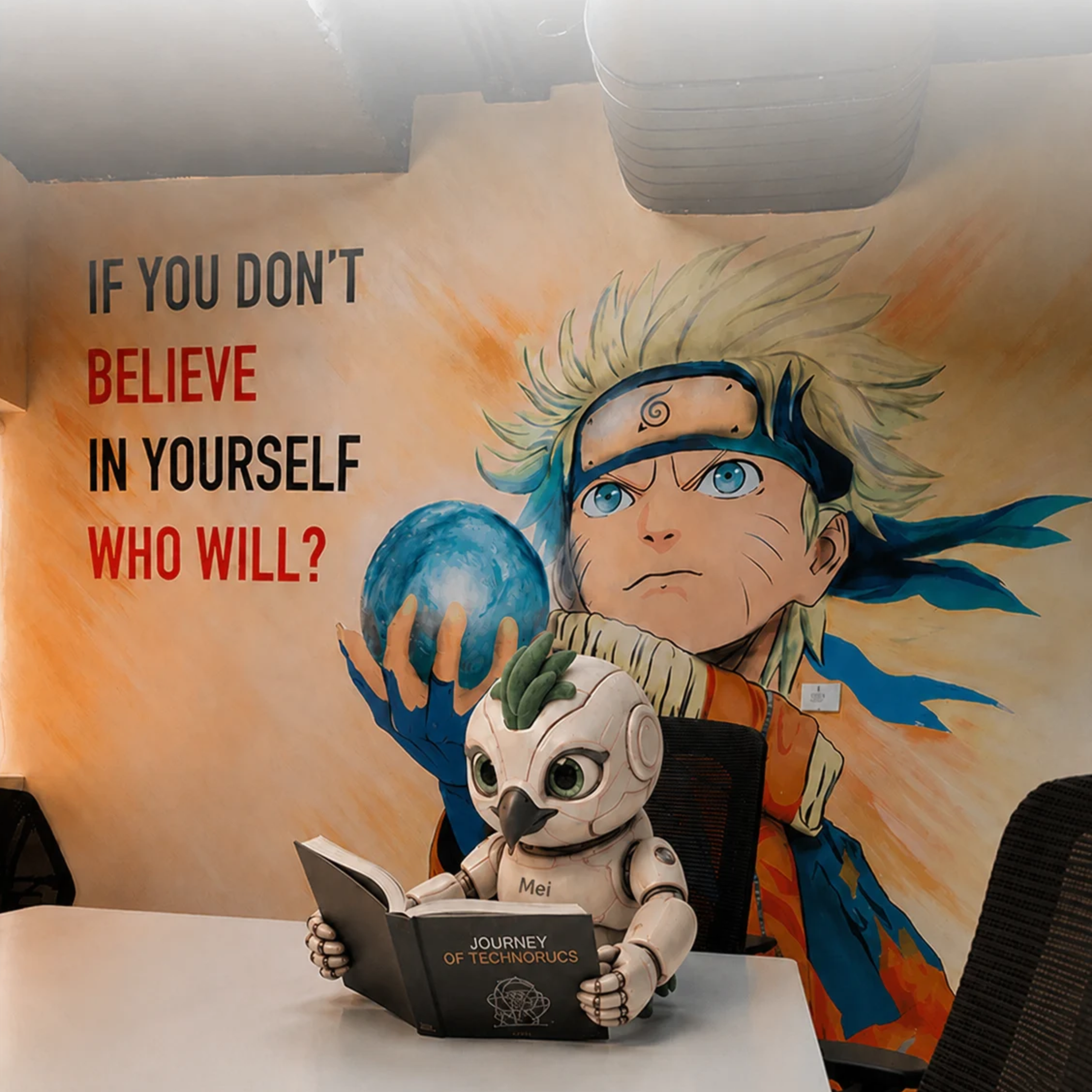 Mei, the TechnoRUCS robotic owl mascot, reading a book titled "Journey of TechnoRUCS" in front of an anime-style office mural with the quote "If you don't believe in yourself who will?"