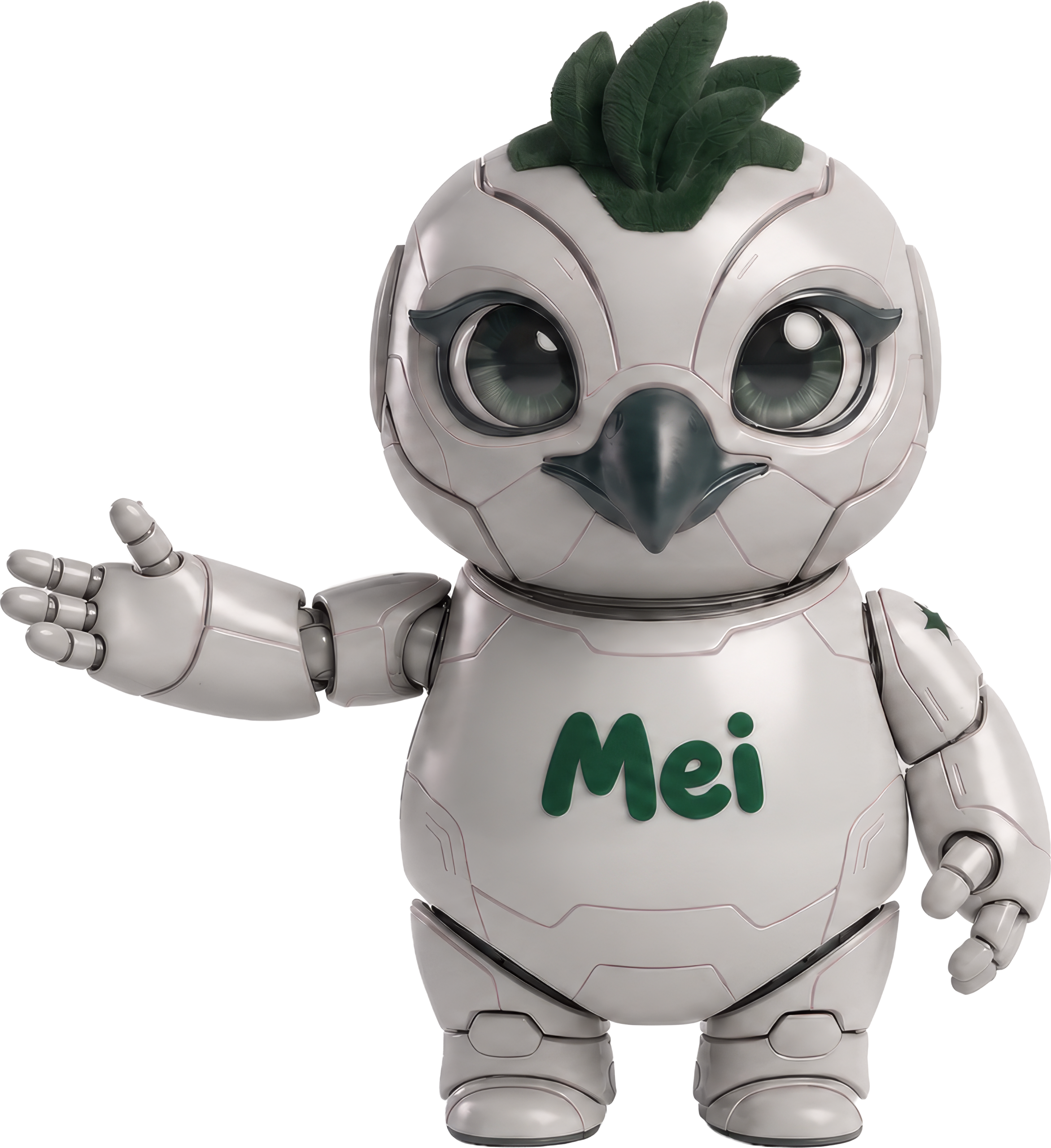 Mei, the TechnoRUCS AI assistant mascot, gesturing with one arm outstretched